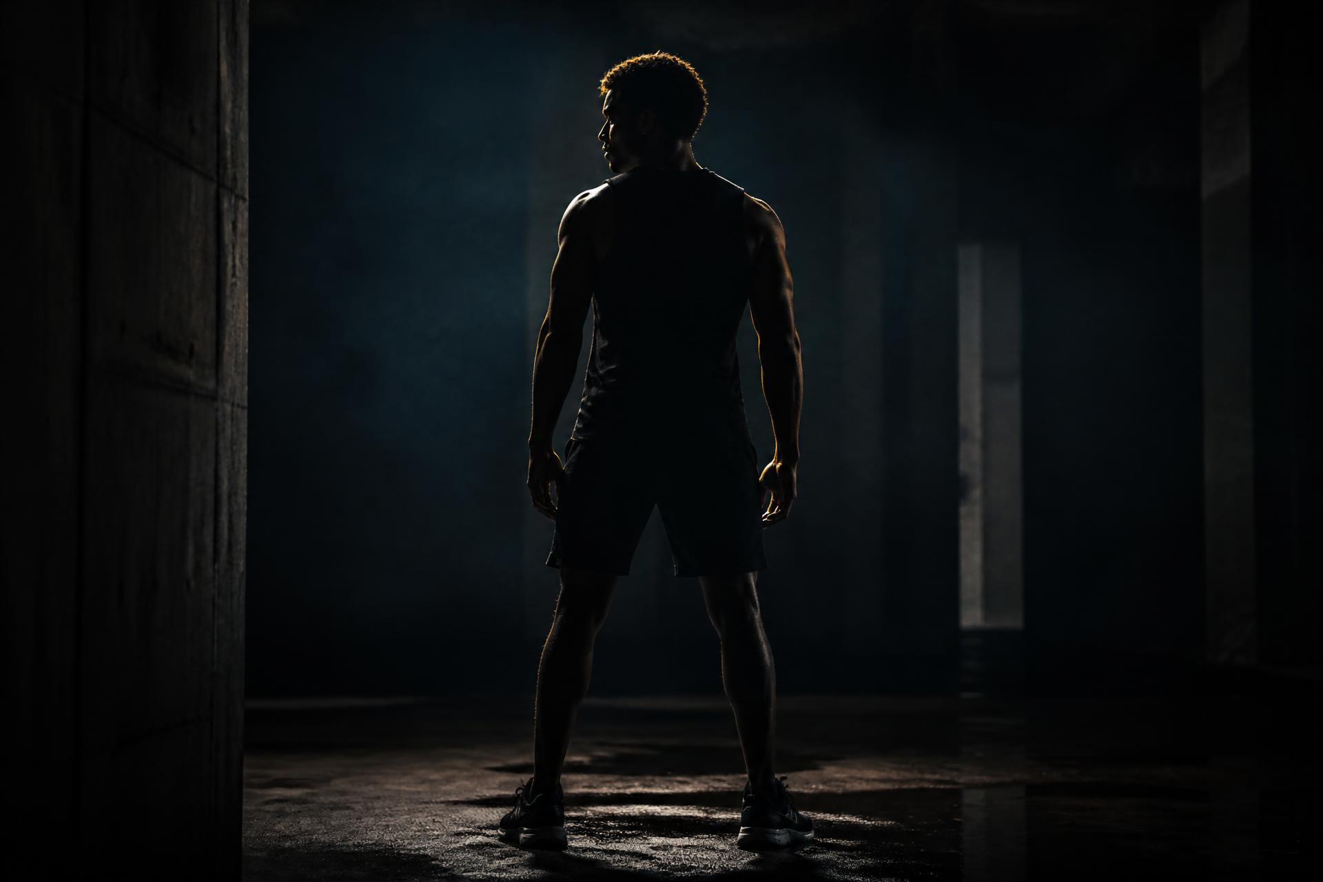 A lone athlete standing in a dim concrete space, lit from behind